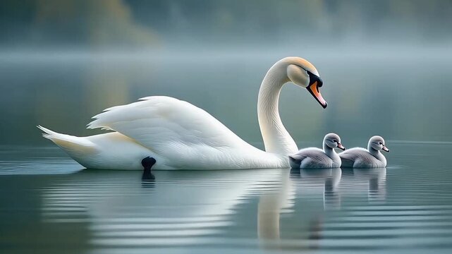 A graceful white swan glides peacefully across a serene lake with two adorable cygnets swimming closely by its side, embodying tranquility and natural beauty