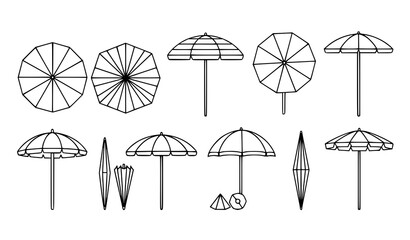 Beach umbrella line art set black and white parasol icons vector illustration © MstBabli