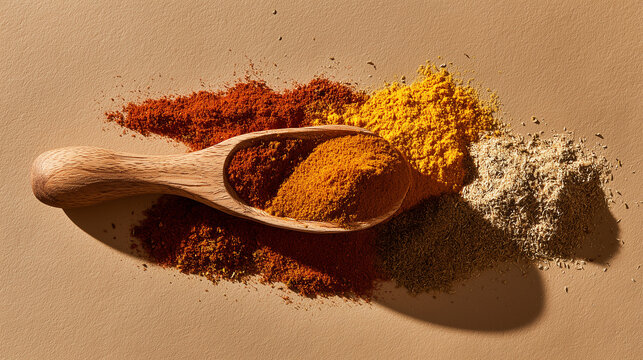 Ras el hanout spice blend in wooden scoop on brown surface