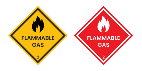 Obraz premium Flammable gas 2 signs icon set. explosive danger gas safety vector symbol sticker. oxygen tank fire warning pictogram in red, yellow, and black color.