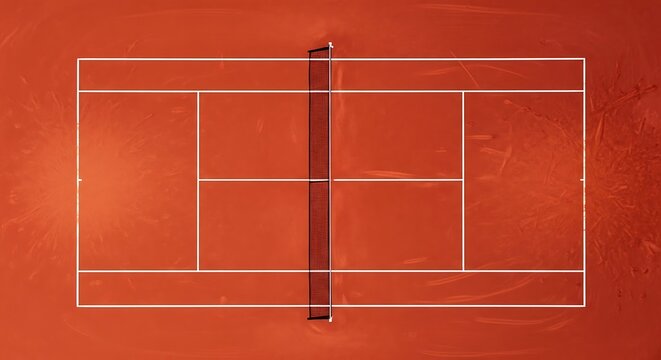 Top-down perspective of an empty orange clay tennis court with white boundary lines and central net