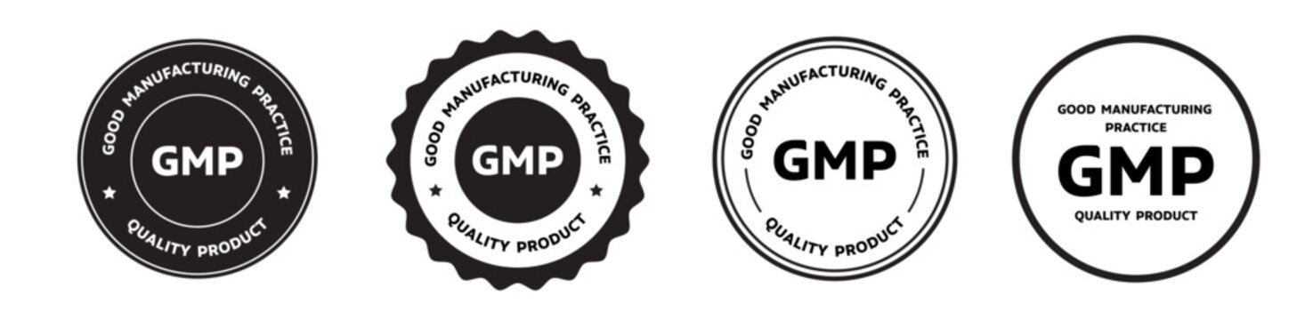 GMP (Good Manufacturing Practice) certified icon. Green color rounded symbol logo on transparent background, vector illustration.