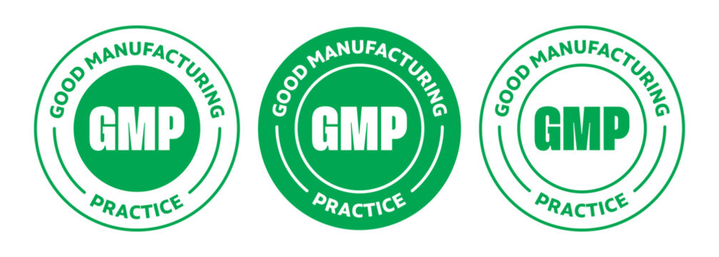 GMP (Good Manufacturing Practice) certified icon. Green color rounded symbol logo on transparent background, vector illustration.