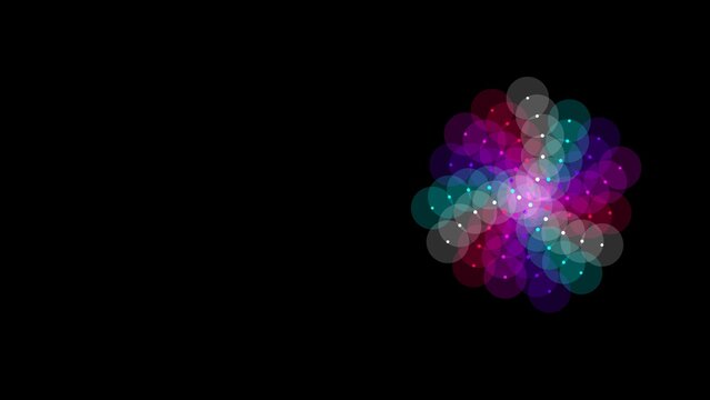 Abstract colorful spiral of overlapping translucent circles with white dots on a black background, modern digital art illustration for technology and design projects