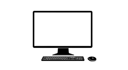 Fototapeta premium Minimalist black silhouette of a desktop computer setup including monitor, keyboard, and mouse, representing office work and digital workspace