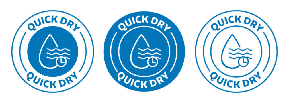 Icon set of the quick dry. Water drope with wave and clock sign in blue color. vector illustration