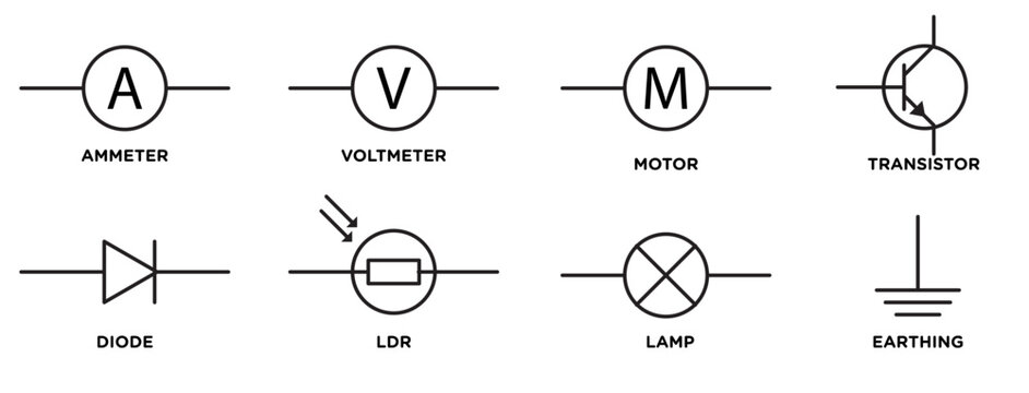 Icon set of Ammeter, voltmeter, motor, transistor, diode, ldr, lamp, earthing