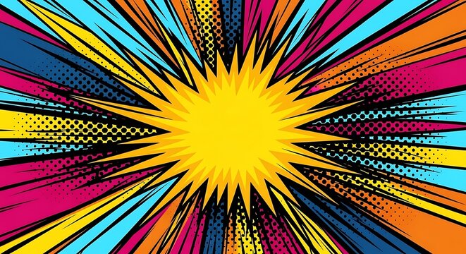 A vibrant and colorful comic book style starburst background with halftone dot pattern details