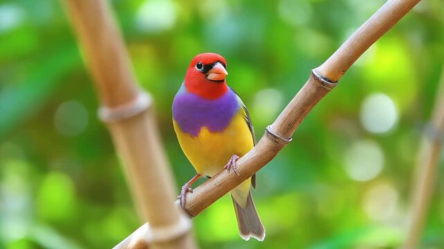 A vibrant, multicolored finch showcases its stunning red, purple, and yellow plumage, perched gracefully on a bamboo branch, embodying the exquisite beauty of nature's diverse avian artistry