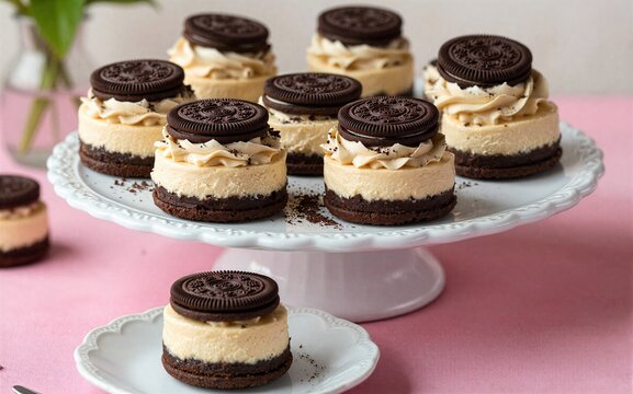 Delicious Oreo cheesecakes topped with cream and chocolate served on