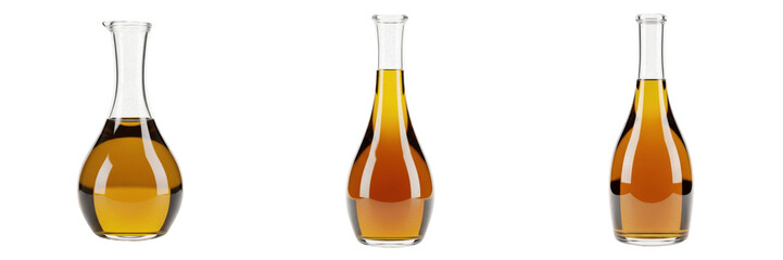 Set of three elegant glass decanters filled with golden organic oil isolated on white background...