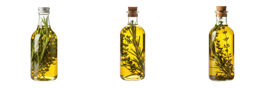 Set of three glass bottles of organic olive oil infused with fresh rosemary and thyme sprigs isolated on white background for gourmet culinary and healthy Mediterranean cooking