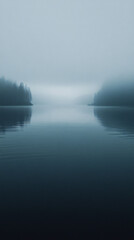Fototapeta premium Calm water reflecting the mysterious foggy forest horizon
