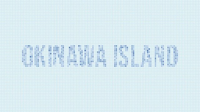 Okinawa Island dotted map animation. Digital style shape of Okinawa Island with title. Blue dots appear with flickering effect. Japan. Modern Intro, outro, title, logo video.
