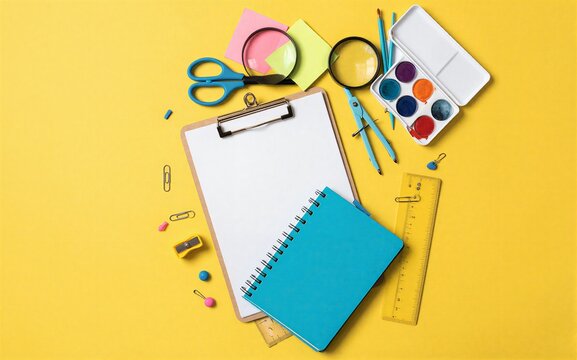 Bright yellow background with colorful school supplies scattered