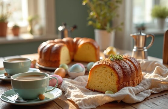 Easter breakfast table setting with Colomba Pasquale cake and coffee cups. Soft morning light illuminates festive food with dyed eggs. Rustic kitchen scene for holiday celebration.