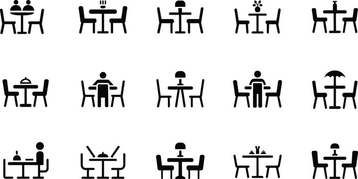 Collection of restaurant dining table and chair icons with people, food and decor elements, minimal silhouette pictograms for cafe seating, hospitality, menu, and dining concepts