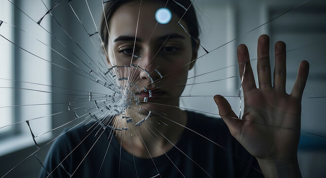 Emotive portrait of a young individual positioned behind a shattered pane of glass expressing profound feelings of seclusion mental distress inner reflection and psychological battle