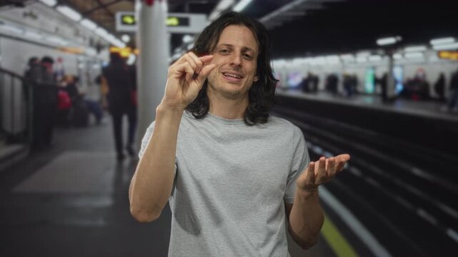 Man pinching finger on a train station platform near tracks, smiling and gesturing to show a tiny amount; playful teasing.