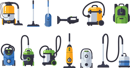Vacuum cleaner collection with household cleaning equipment set, modern canister, upright and backpack vacuum machines, home maintenance tools isolated vector illustration for cleaning services © Mst