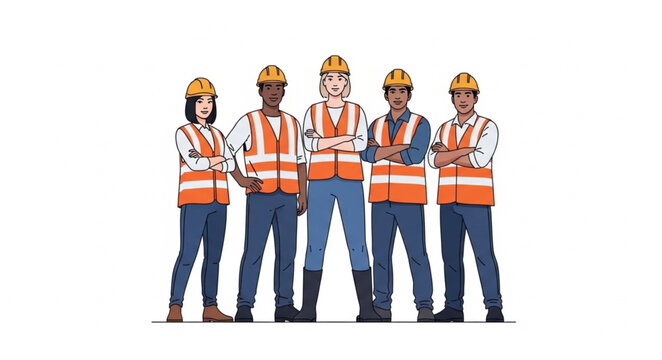 Diverse construction workers team standing together wearing safety vests and hard hats.