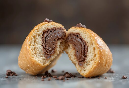 Close-up of a chocolate filled pastry, split in half, showing gooey center, with crumbs on surface. canudo