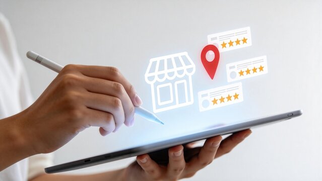 Customer reviews and online rating concept on digital tablet,hand holding stylus selecting five star feedback with location pin and store icon for ecommerce reputation management