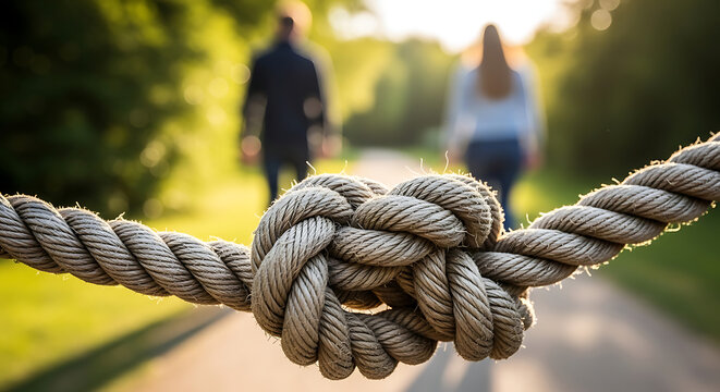 Detailed macro shot of a sturdy twisted hemp rope knot symbolizing a strained bond as a blurred man and woman walk apart in the distance, representing separation and relationship conflict.