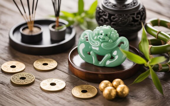 Jade chinese lion statue on wooden base with coins and incense sticks on wooden table with bamboo plant