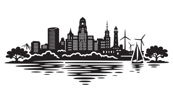 Buffalo Skyline Silhouette with Scenery, Silhouette Vector, Isolated on White Background
