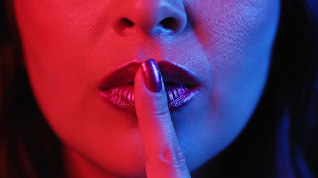 Woman with sparkling lips makes a hush gesture with her finger