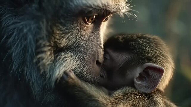 A tender primate mother lovingly embraces her young in a warm hug.