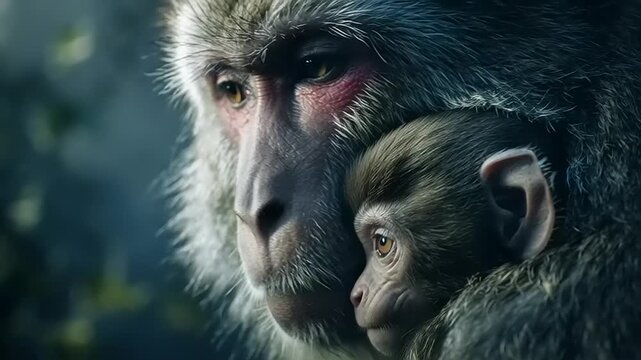 Cinematic close-up of a primate mother and her baby in a natural setting