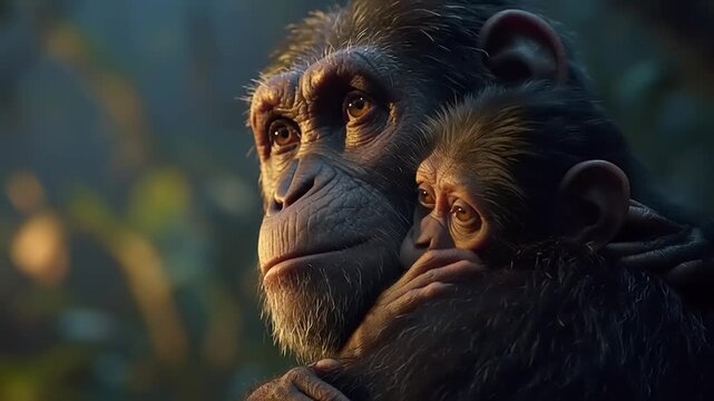 An ultra realistic cinematic close up of two chimpanzees cooperating in forest