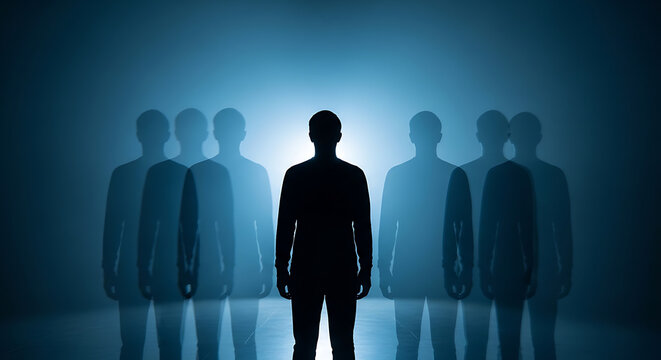 Solitary silhouetted individual stands amidst ethereal blurred double-vision figures under dim blue lighting to symbolize deep psychological isolation, loneliness, and mental dissociation.