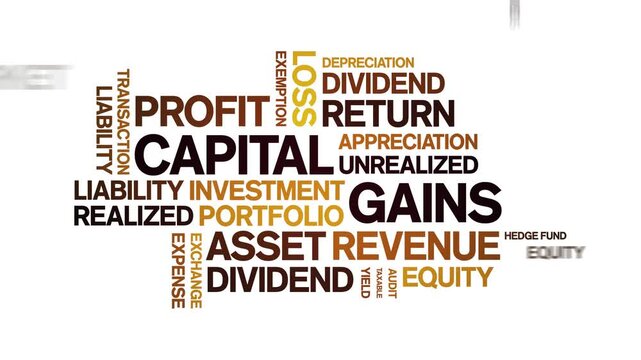 Capital Gains animated word cloud-text design animation tag kinetic typography seamless loop.