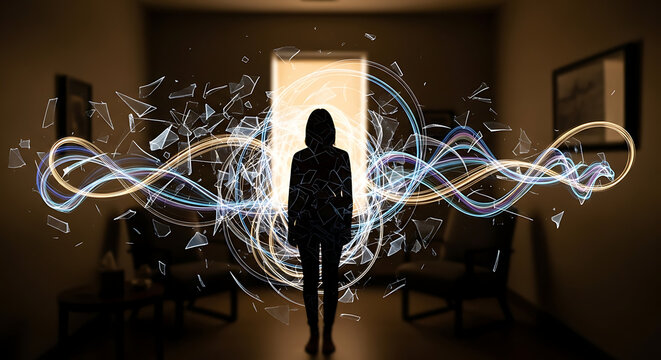 Ethereal silhouette of a patient standing amidst luminous swirling energy symbolizing psychological trauma memory and inner healing during a spiritual mental health therapy session.