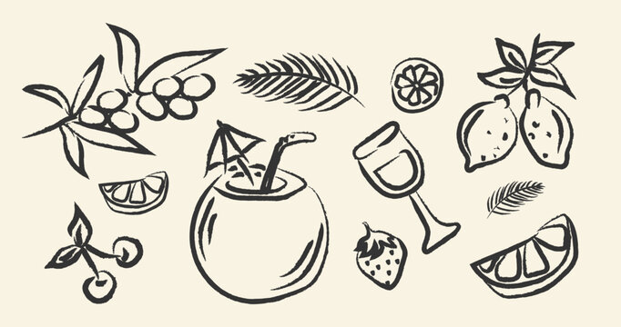 Hand Drawn Summer Food Cocktail Vintage Icon set. Berries Branches Fruits Elements in Charcoal Pencil. Drinks Icons in Pencil Doodle Style. Drawing ink. Travel Food drawing hand drawn. Sketch Italian