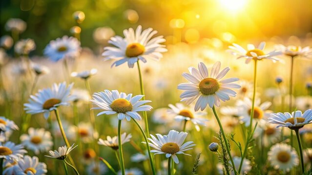 A photo of a meadow filled with blooming chamomile and daisy flowers in the suns rays during spring or summer