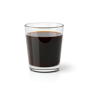 A glass of dark liquid on a white background.
