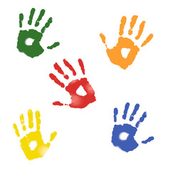 Fototapeta premium Vibrant paint handprints in various colours isolated on transparent background; PNG