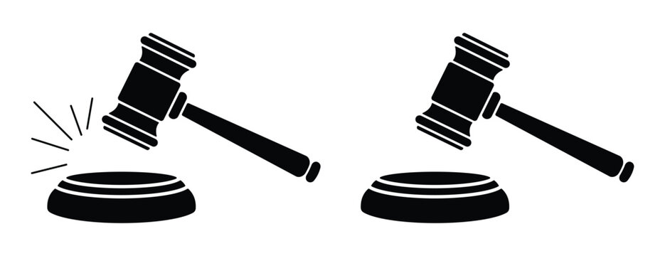 Judge wooden black gavel icon vector design. Judge gavel silhouette with sound. Vector illustration.