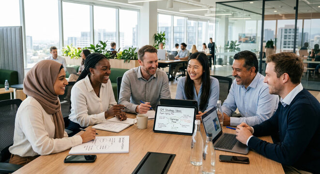 Diverse business team collaborating around a table in a modern office workspace. Multicultural professionals discussing strategy and sharing ideas during a productive meeting. Concept of teamwork, cor