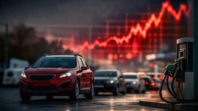 Gas Prices Rising: A long line of cars at a gas station reflects the financial strain of soaring fuel prices, underscored by a grim red graph.