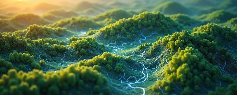 Green forested hills with winding white paths resemble a topographic map. The terrain displays elevation lines, showcasing landform features in soft sunlight. Natural network design.
