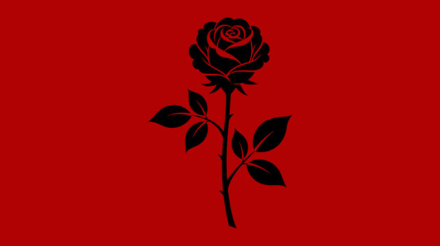 A single black rose silhouette against a solid red background, symbolic and elegant