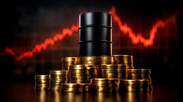Oil Barrel and Golden Coin: A dramatic composition of a black oil barrel perched atop a pyramid of golden coins, with a descending stock market graph in the backdrop.