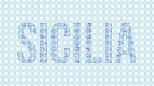 Sicilia dotted map animation. Digital style shape of the island. Sicilia shape and title blue dots appear with flickering effect. Italy. Creative Intro, outro, title, logo video.