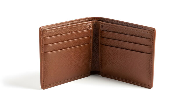 Open leather wallet on white