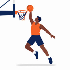 Athletic Black Male Basketball Player Performing Slam Dunk in Flat Vector Style, Professional Sports Illustration of an African American Athlete in Action, Minimalist Fitness Concept © Gayan